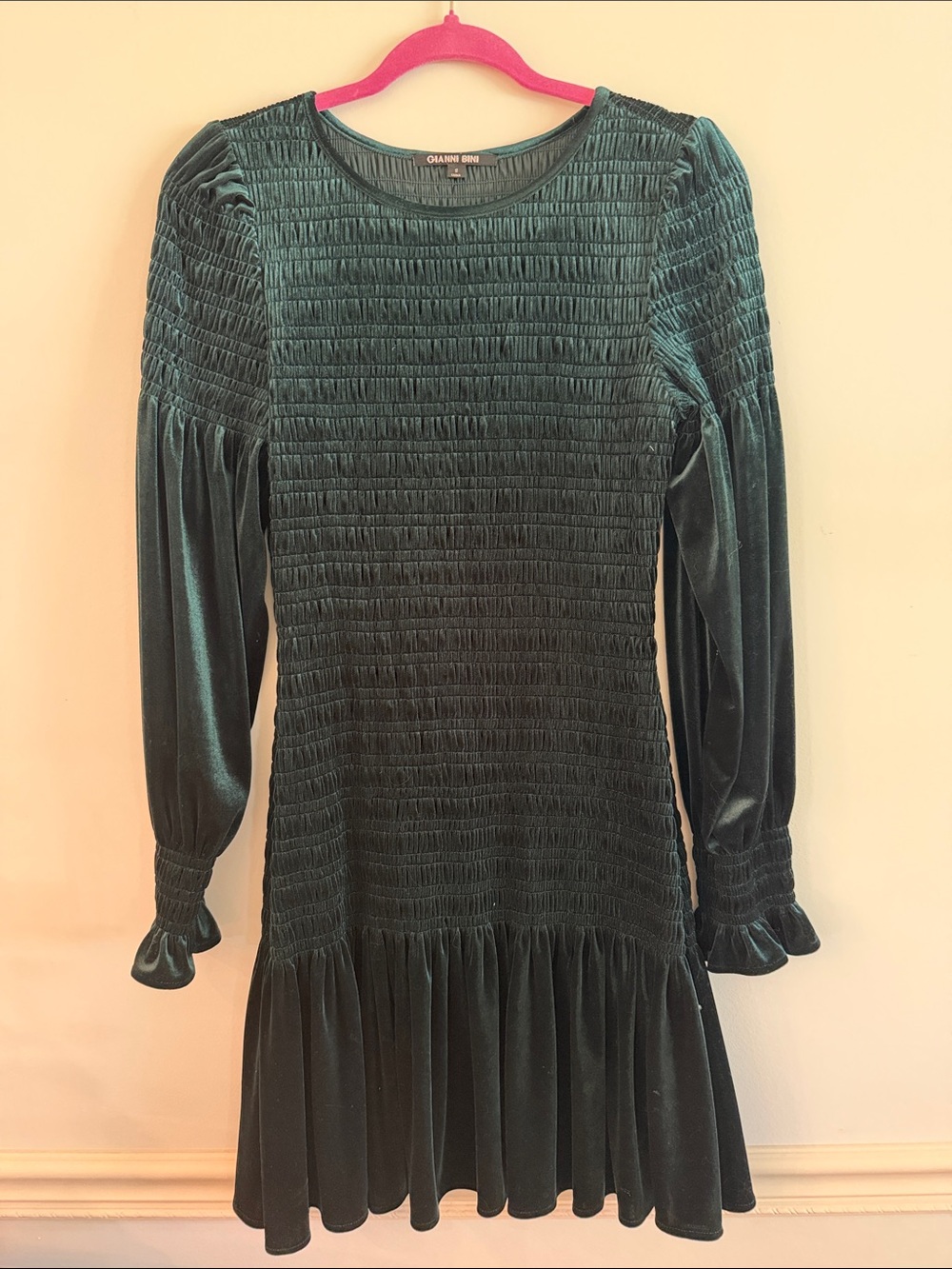 Gianni Bini Emerald Green Velvet Smocked Long-Sleeve Dress